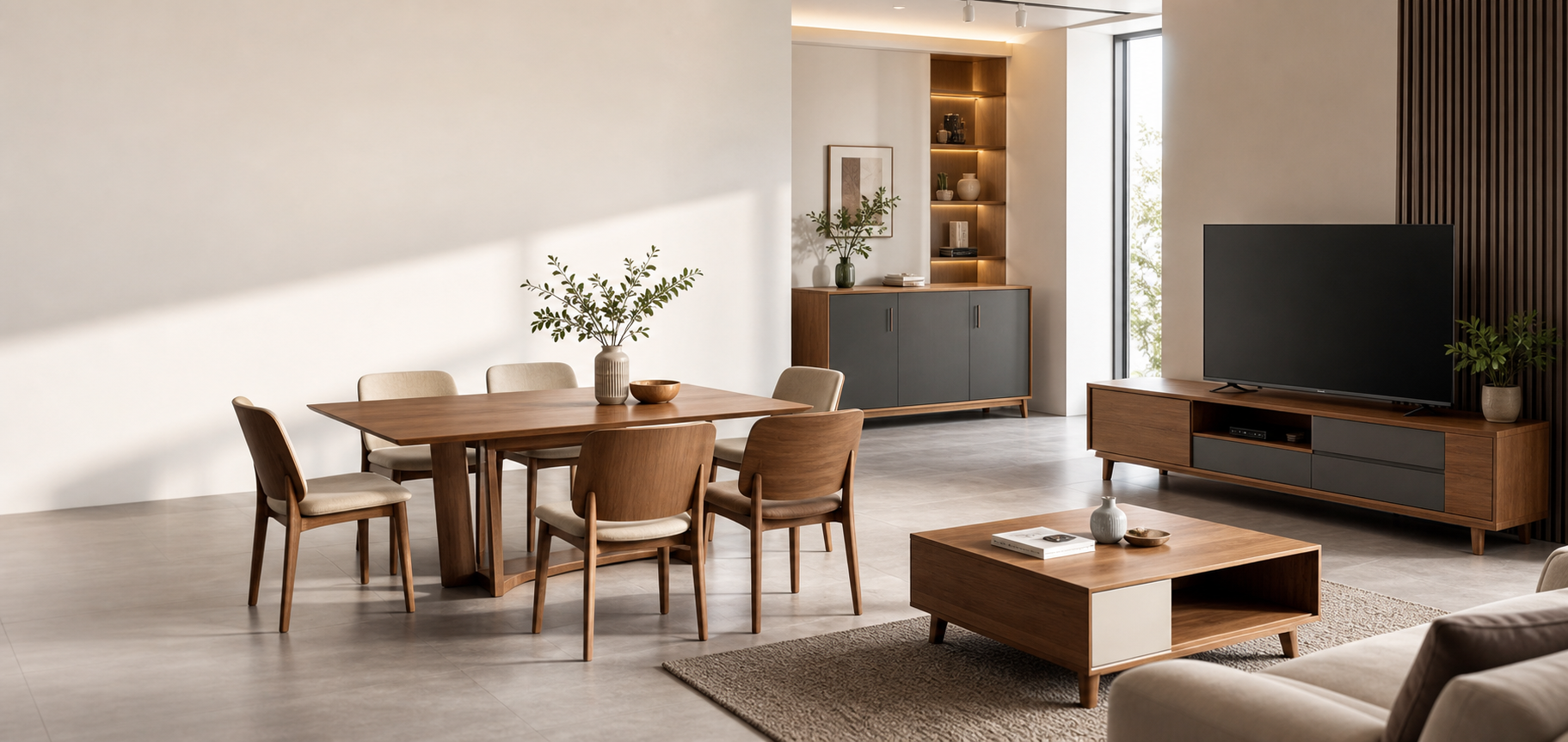 Modern furniture showroom with dining table, chairs, TV cabinet and coffee table