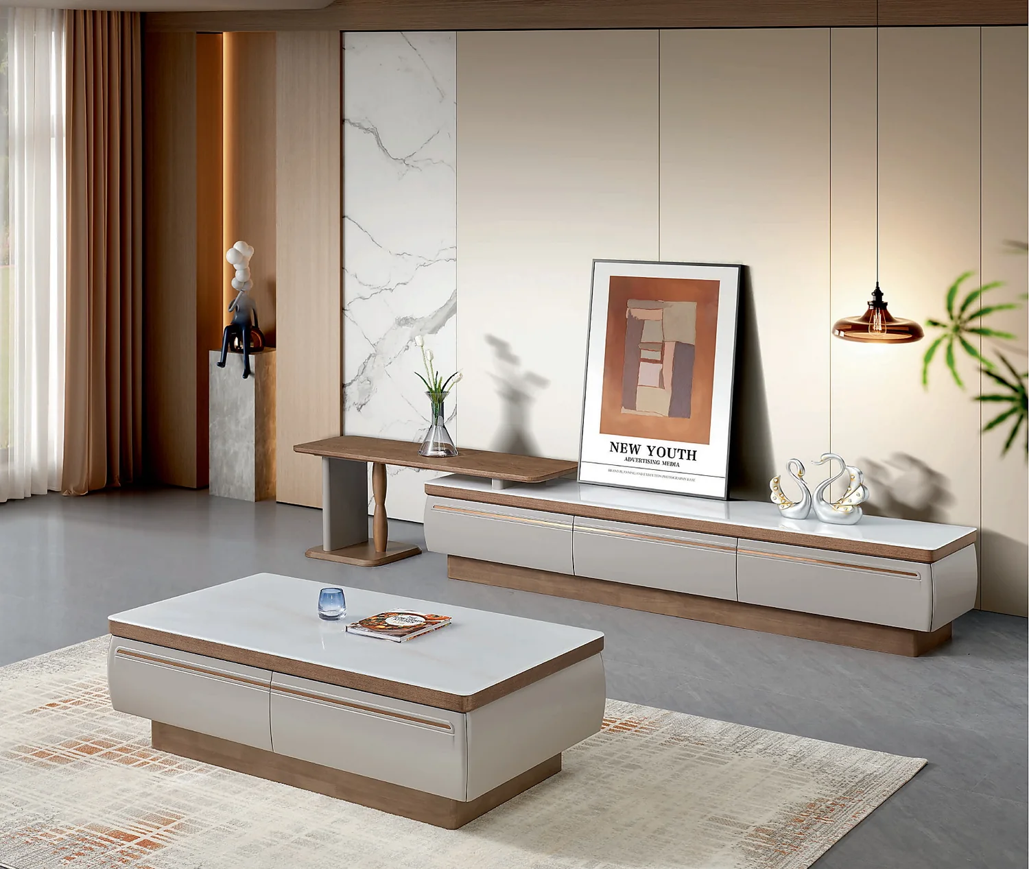 KTCJ-004 Model 265 Jade Crystal Glass TV Cabinet & Coffee Table Set