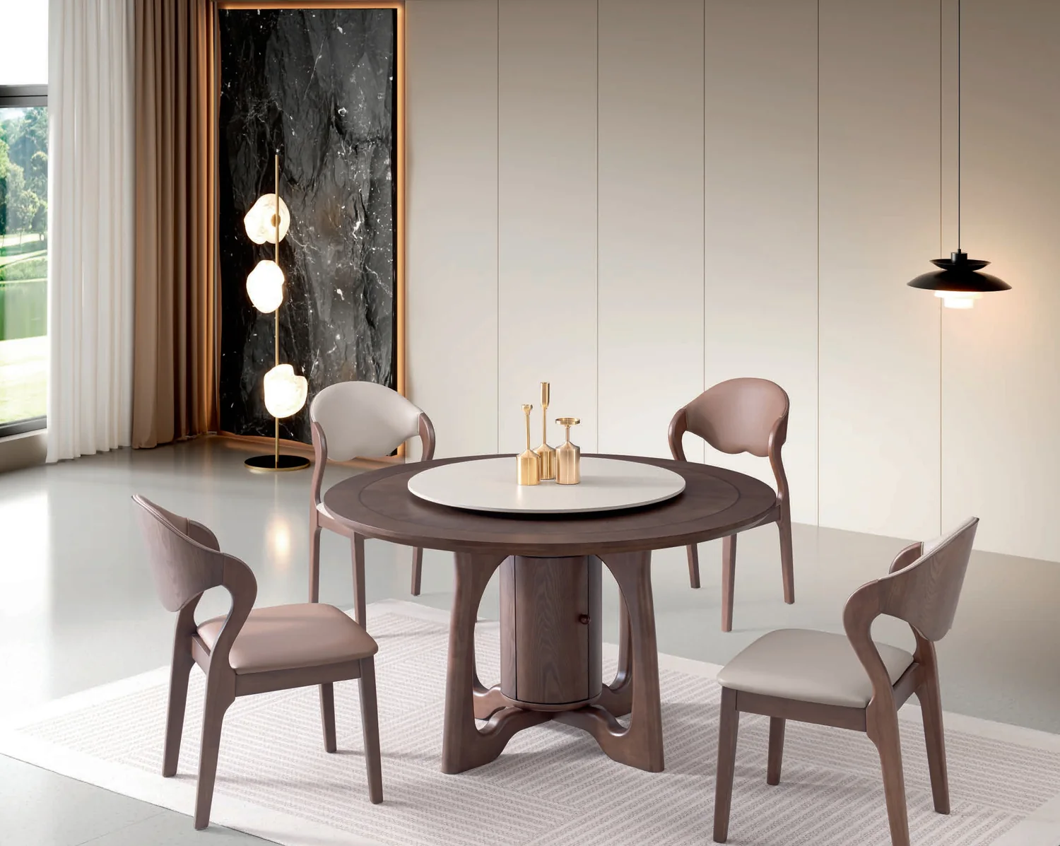 YZ-007 Model B159# Solid Wood Top + Sintered Stone Round Table & Chair Set